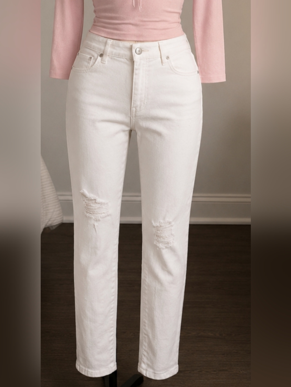 Armani Exchange High-Rise White Distressed Straight-Leg Jeans - Women's